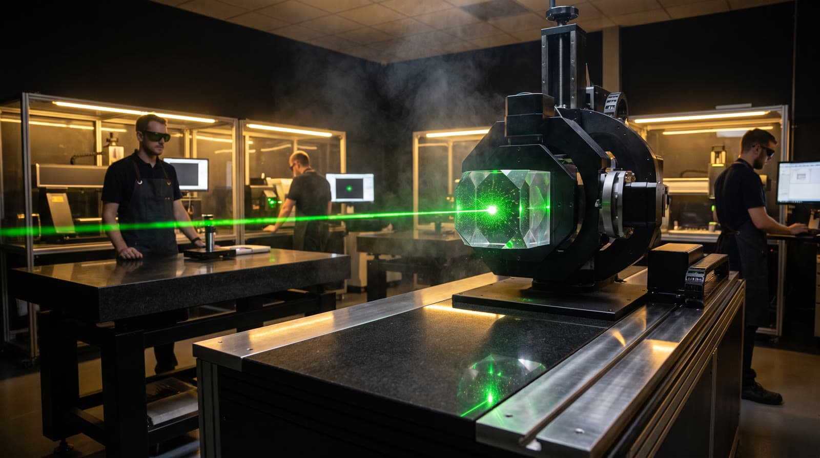 3D-laser graveert een kristal in ons atelier
